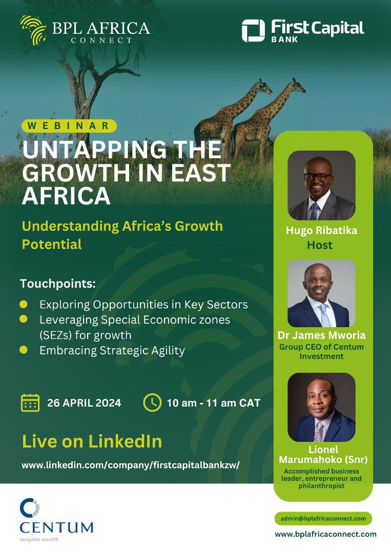 Tap into the dynamics of Africa’s Growth Join our FREE BPL Africa Connect webinar in partnership with First Capital Bank on April 26th , live on LinkedIn. Learn on how to leverage the untapped resources in Africa. #BPLwebinar #SustainableGrowth #SuccessStrategies #Africa
