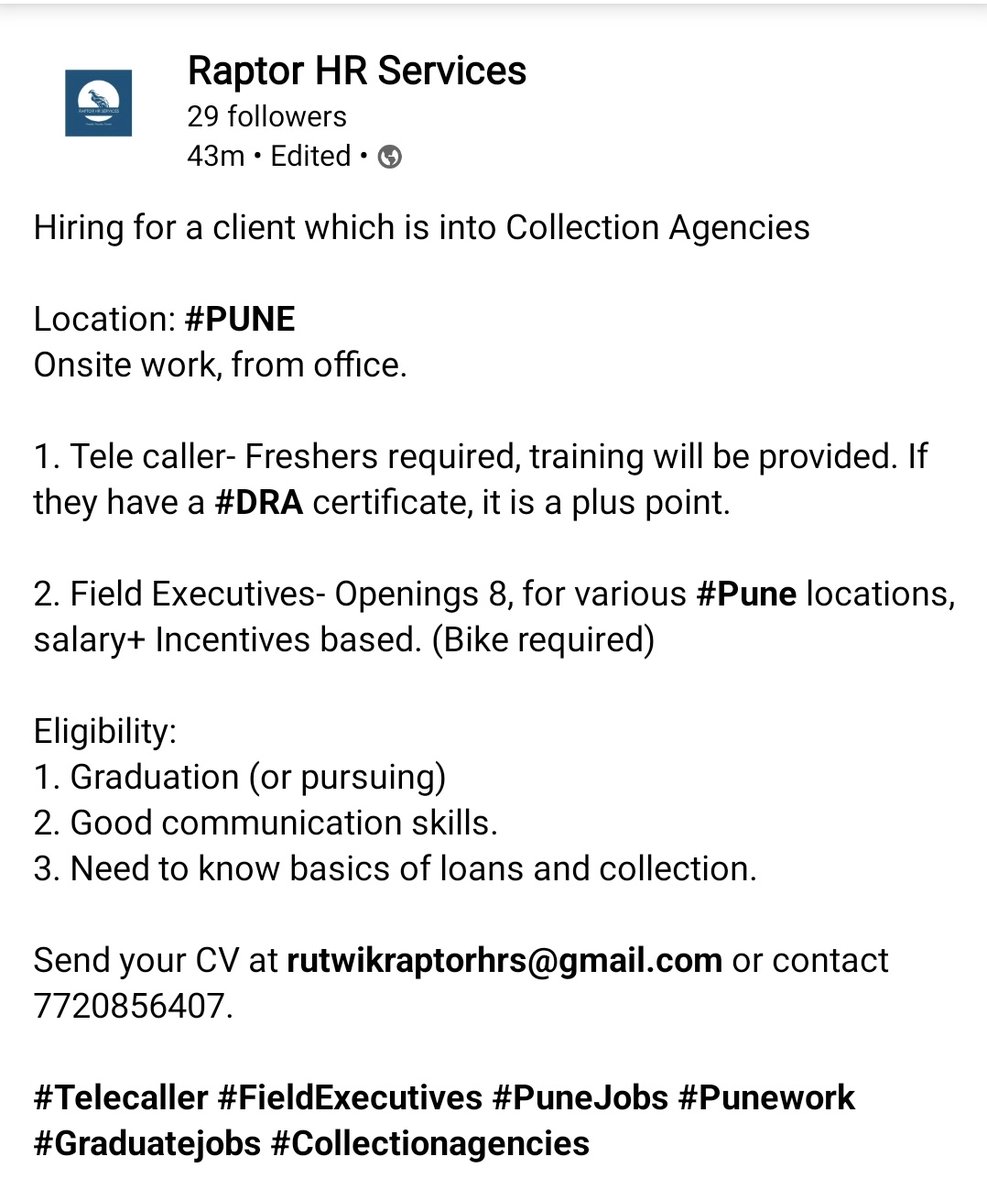 Rutwik2304's tweet photo. Opening for #Pune location.
#Telecaller #FieldExecutives
Onsite office work.
Send your CV at rutwikraptorhrs@gmail.com or dm 7720856407
#PuneJobs #Pune https://t.co/8WqhWE3SzK