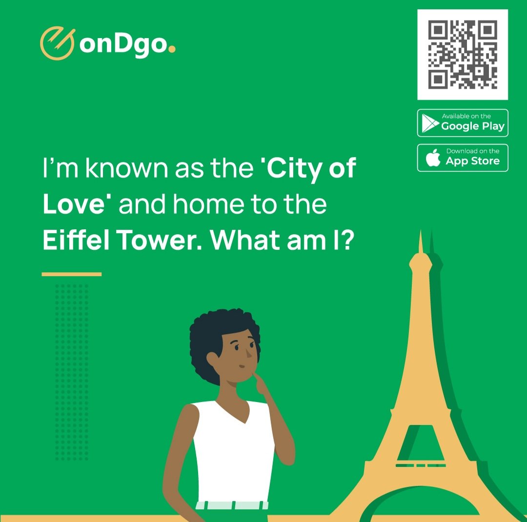 I am known as the 'city of love' and home to the Eiffel Tower. What am I?. This looks easy, but let's see who gets it right.

#onDgo #triviawednesday #eiffeltower #puzzle