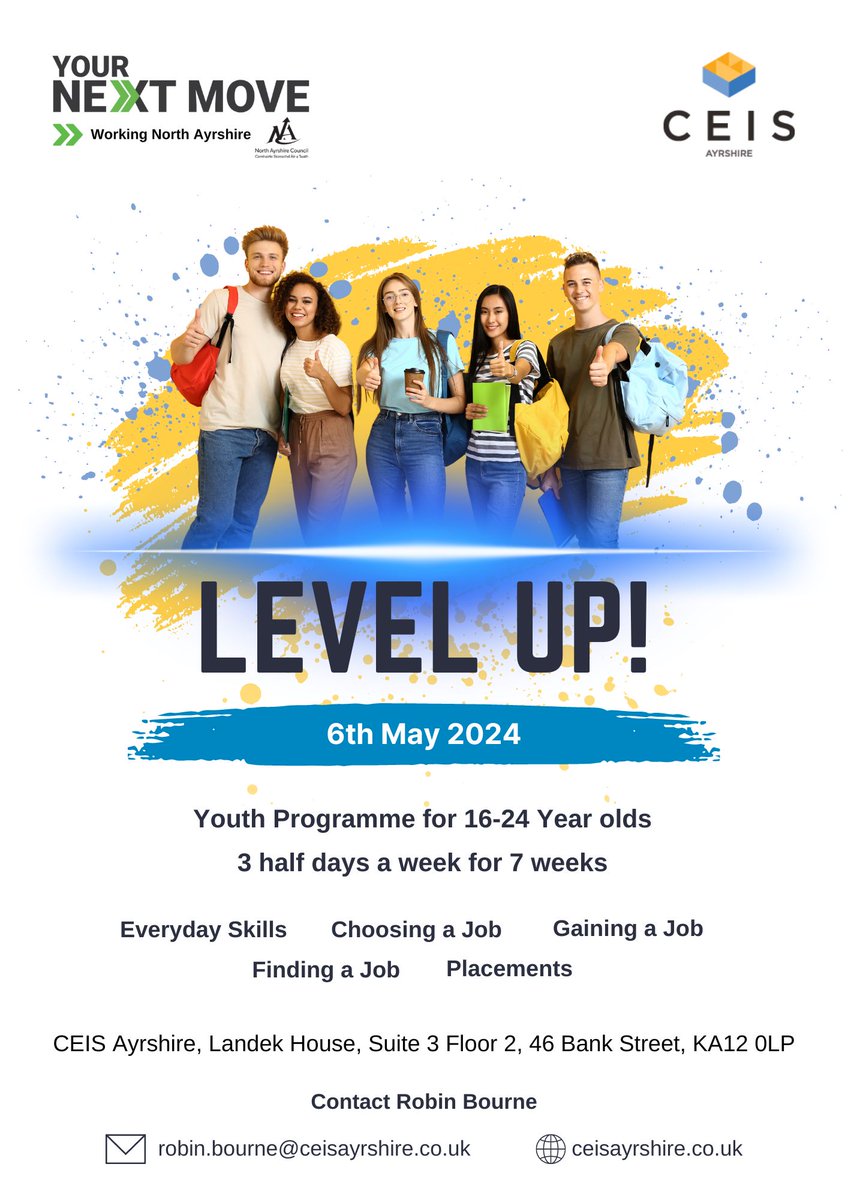 Exciting opportunity for youth aged 16-24 in North Ayrshire! 'Level Up!' is a 7-week programme designed to help you find employment. You'll get invaluable guidance to Level Up your career journey. For more details contact Robin Bourne at robin.bourne@ceisayrshire.co.uk