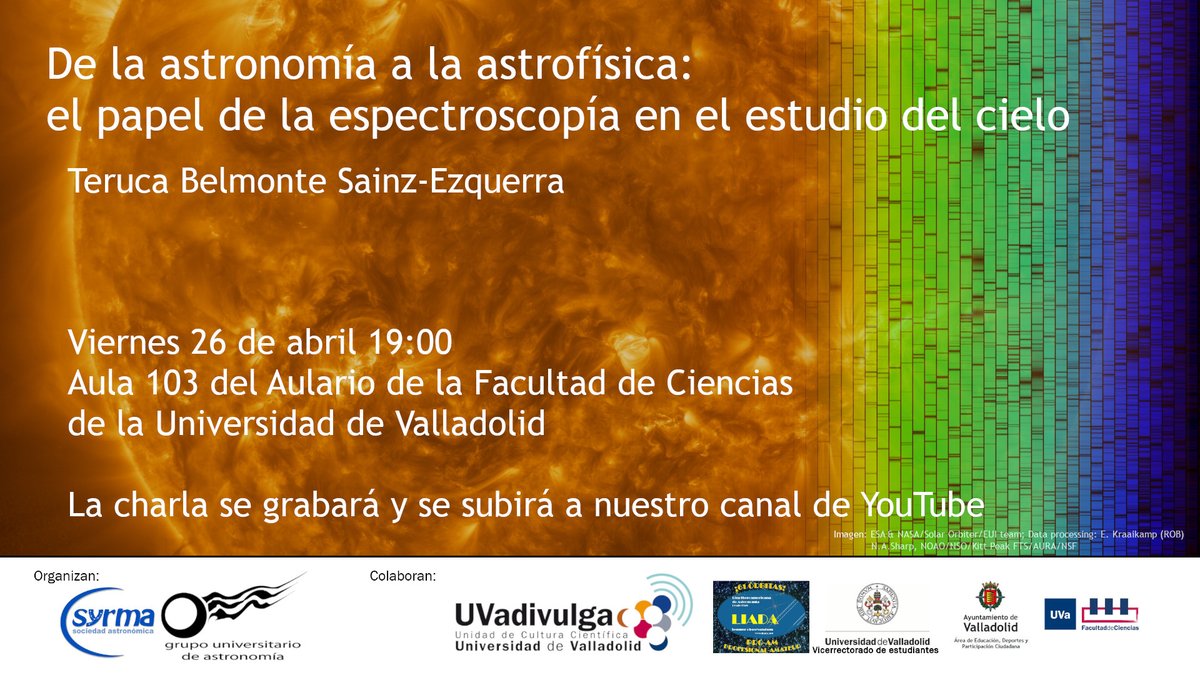 Este viernes tenemos una charla estupenda por Teruca Belmonte. «De la astronomía a la astrofísica: el papel de la espectroscopía en el estudio del cielo.» Os esperamos en el aula 103 del aulario de ciencias. Tenéis todos los detalles en el cartel.