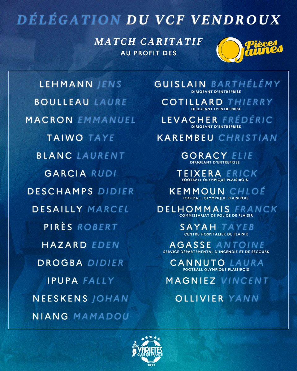VarietesCF's tweet photo. ⭐️ Ce casting sent bon la @ChampionsLeague !
👉 Voici les deux délégations, celle de la 𝘛𝘦𝘢𝘮 𝘝𝘊𝘍 𝘝𝘦𝘯𝘥𝘳𝘰𝘶𝘹 contre celle de la 𝘛𝘦𝘢𝘮 𝘝𝘊𝘍 𝘞𝘦𝘯𝘨𝘦𝘳, qui vont s'affronter à 17h à Plaisir !
🤩 Des légendes du foot, des personnalités, un Président de la République et la société civile seront à l'honneur au profit des @piecesjaunes !