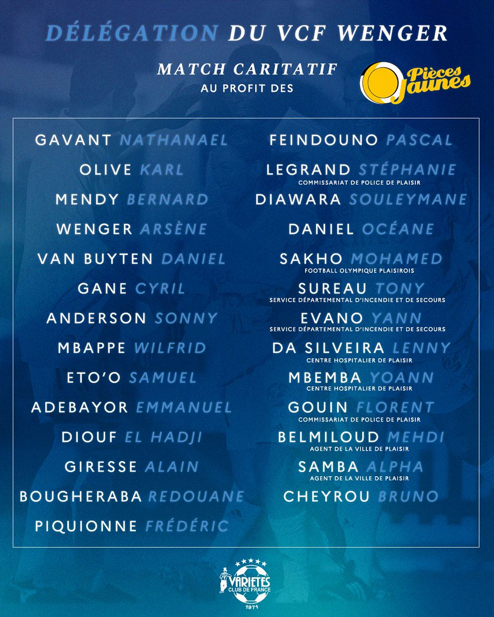 VarietesCF's tweet photo. ⭐️ Ce casting sent bon la @ChampionsLeague !
👉 Voici les deux délégations, celle de la 𝘛𝘦𝘢𝘮 𝘝𝘊𝘍 𝘝𝘦𝘯𝘥𝘳𝘰𝘶𝘹 contre celle de la 𝘛𝘦𝘢𝘮 𝘝𝘊𝘍 𝘞𝘦𝘯𝘨𝘦𝘳, qui vont s'affronter à 17h à Plaisir !
🤩 Des légendes du foot, des personnalités, un Président de la République et la société civile seront à l'honneur au profit des @piecesjaunes !