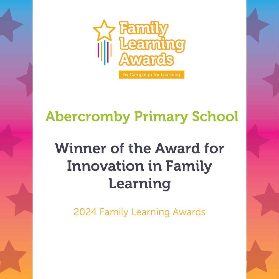 We're delighted that the Award for Innovation in Family Learning has gone to @abercrombyps with their Paternal Play programme 🏆 A big well done to Emma, Lindsay and colleagues for an engaging and innovative programme! Find out more: bit.ly/FLAwards2024