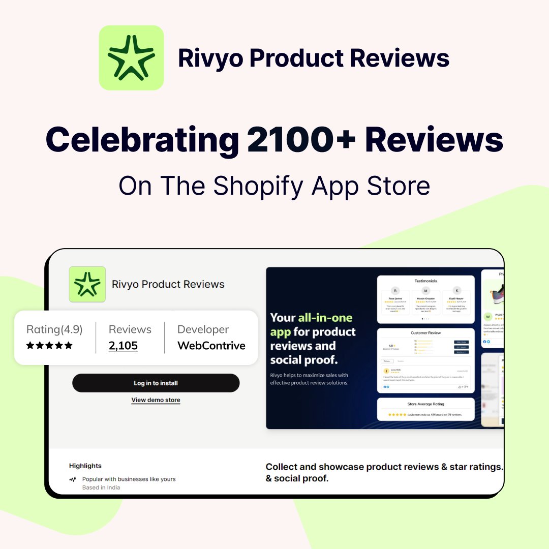 🌟 We're thrilled to announce that Rivyo Product Reviews has surpassed 2100 reviews on the @Shopify App Store! 🚀

Thank you to our amazing users for your continued support and valuable feedback.

Try now: apps.shopify.com/rivyo-product-…

#Rivyo #Shopify #ProductReviews #NewMilestone