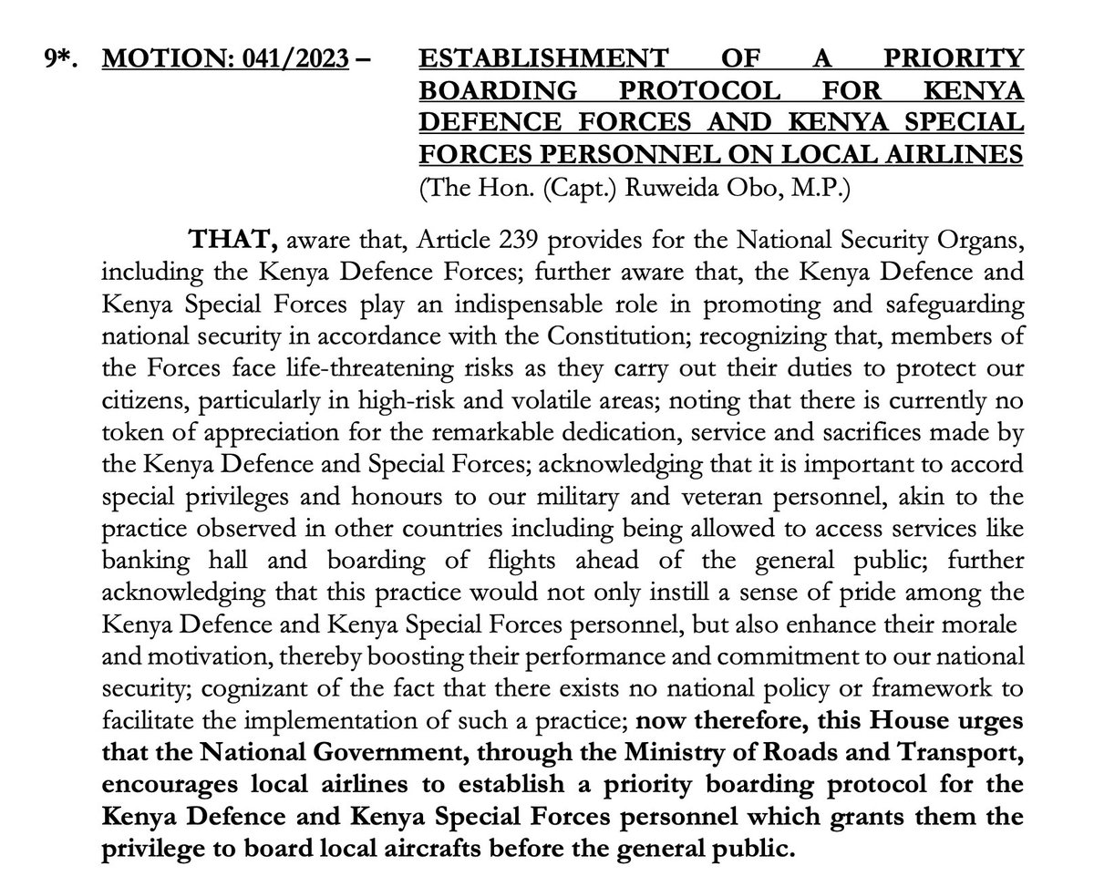 Hon. Ruweida Obo moves a motion the establishment of a priority boarding protocol for Kenya Defence Forces and Kenya Special Forces Personnel on local airlines. #BungeLiveNA