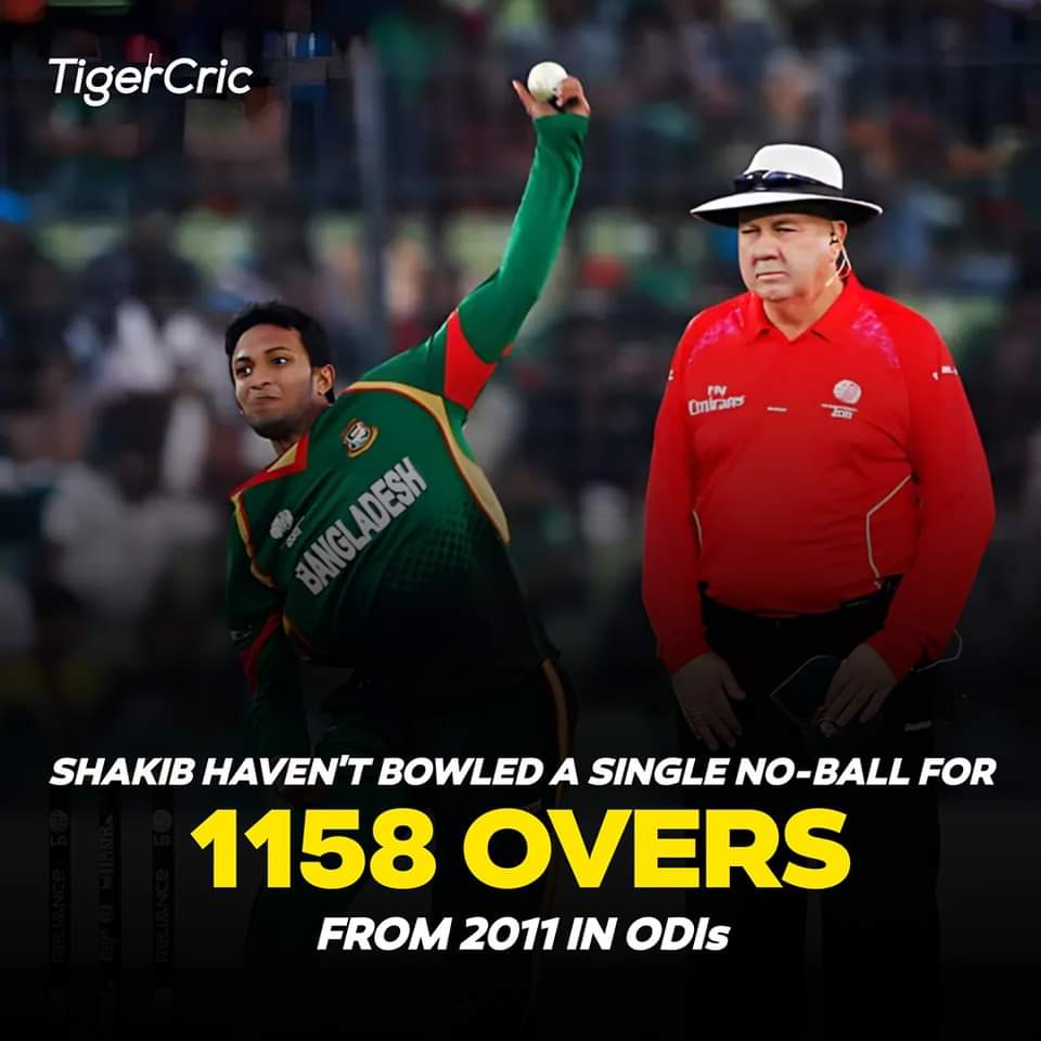 Record Alert 🚨

All-rounder Shakib Al Hasan haven't bowled a single no-ball for 1158 Overs from 2011 in ODIs. Absolute carnage ⚡

#shakibalhasan
