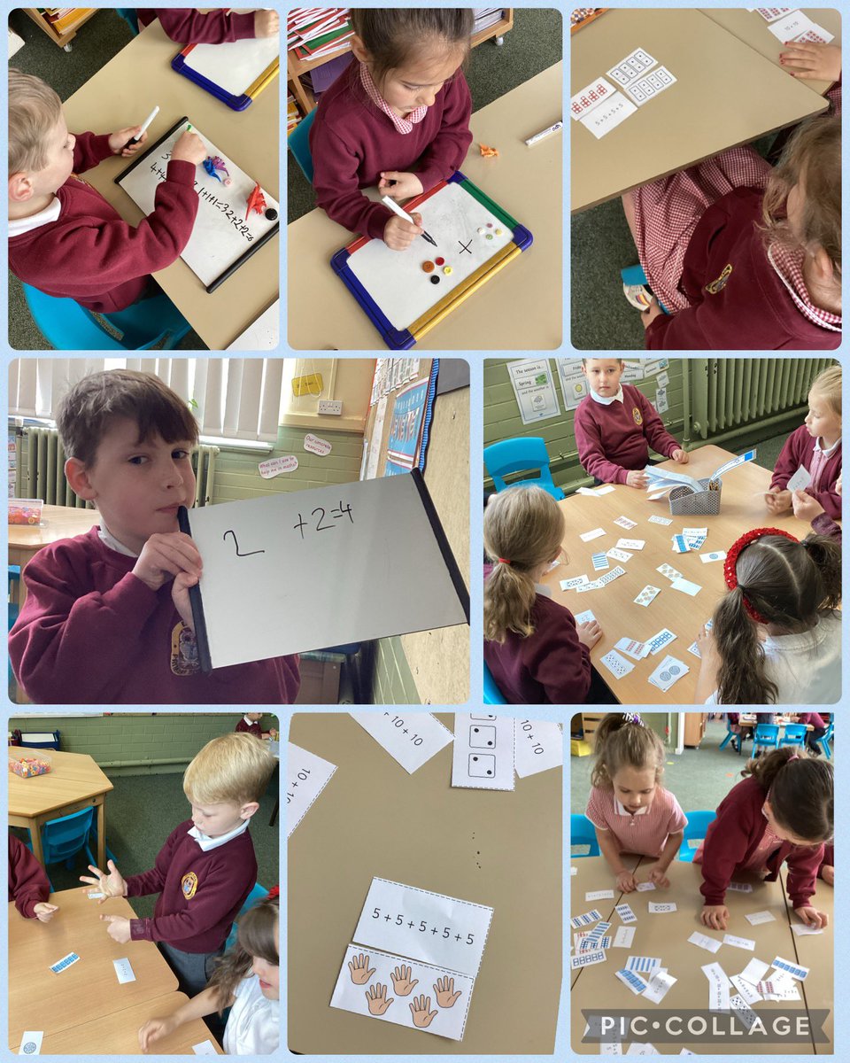 Year 1 are having a problem solving maths lesson adding equal groups. We are using concrete and pictorial methods to help us! 🦖🔴🎲  #lovelearning