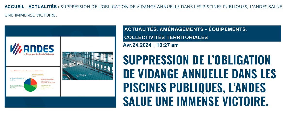 Suppression de l’obligation de vidange annuelle dans les piscines publiques, l’ANDES salue une immense victoire.   Lors du comité interministériel de la transformation publique, le premier ministre <a href="/GabrielAttal/">Gabriel Attal</a>   a annoncé  la suppression de l'obligation de #vidange annuelle