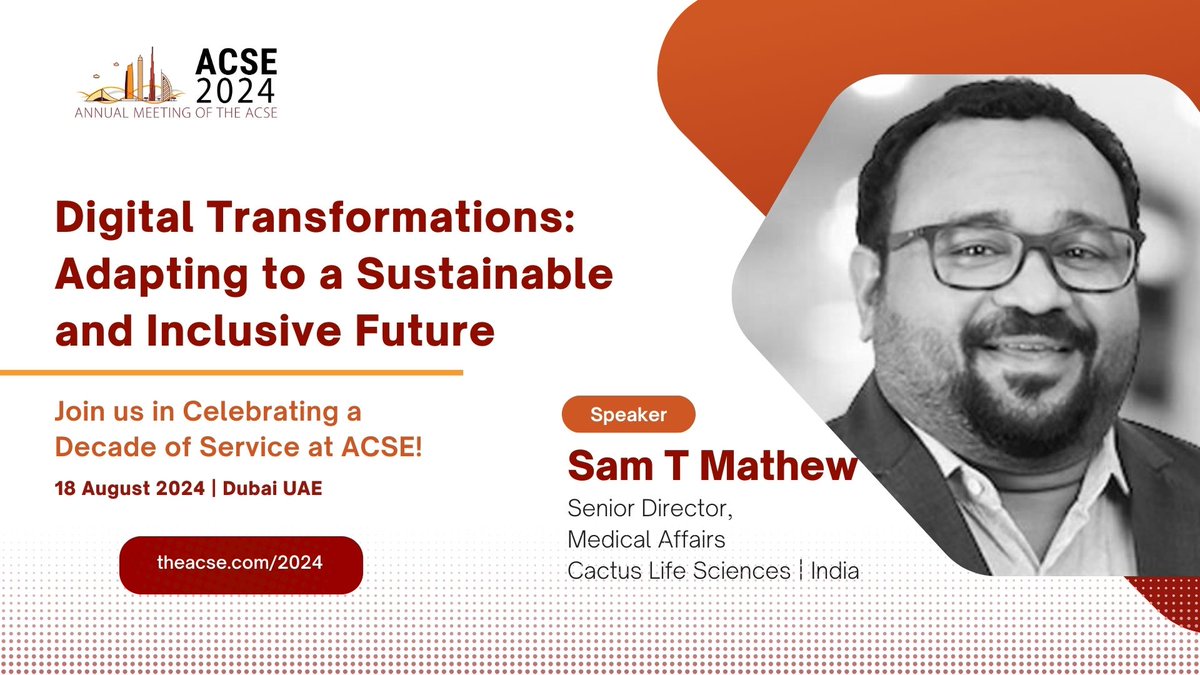 #ACSE2024, Join us for Dr Sam T Mathew's insightful exploration into adapting to a sustainable and inclusive future during our upcoming 10th ACSE Annual Meeting.

 theacse.com/2024
#ACSE2024 #SpeakerAnnouncement #DigitalTransformations #SustainableFuture #InclusiveFuture
