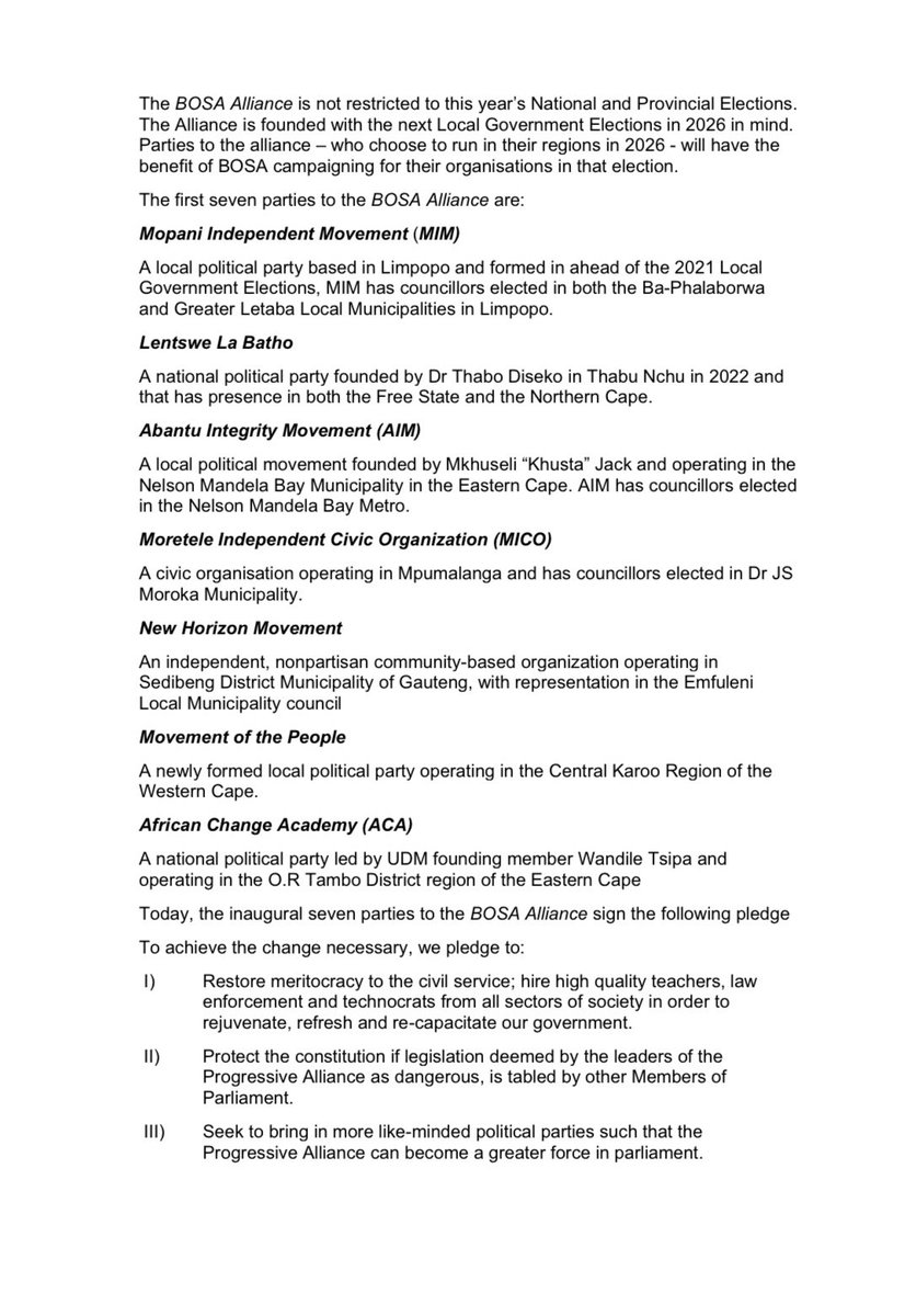 BuildOneSA's tweet photo. [Media Statement] First seven parties join the BOSA Alliance to mount a united challenge in next month’s elections

The BOSA Alliance is not restricted to this year’s National and Provincial Elections. The Alliance is founded with the next Local Government Elections in 2026 in mind. Parties to the alliance – who choose to run in their regions in 2026 - will have the benefit of BOSA campaigning for their organisations in that election.

#VoteBOSA2024