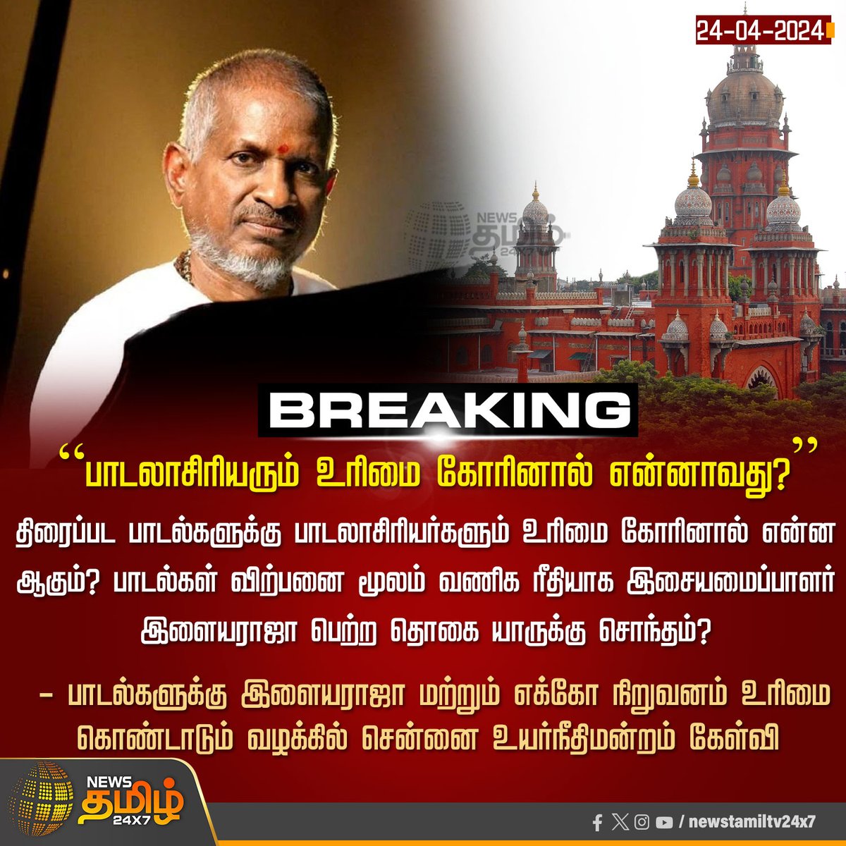 NewsTamilTV24x7's tweet image. #BREAKING_NEWS | ”பாடலாசிரியரும் உரிமை கோரினால் என்னாவது?”

Click Link: bit.ly/3TLWHxa

#Ilaiyaraaja | #Musiccomposer | #Copyrights | #Chennai | #ChennaiHighcourt | #NewsTamil24x7