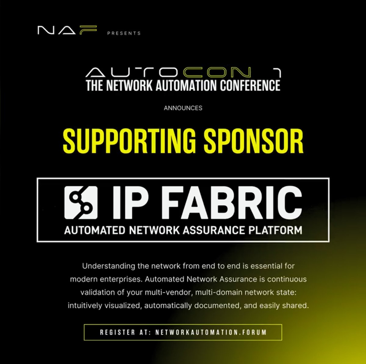 We're proud to be supporting sponsors for AutoCon 1! There aren't many opportunities to gather the brightest minds in Network Automation under one roof, so why not come along? More info and link to register -> link.ipfabric.io/3w2s9Q5 #NetworkAutomation #AutoCon1