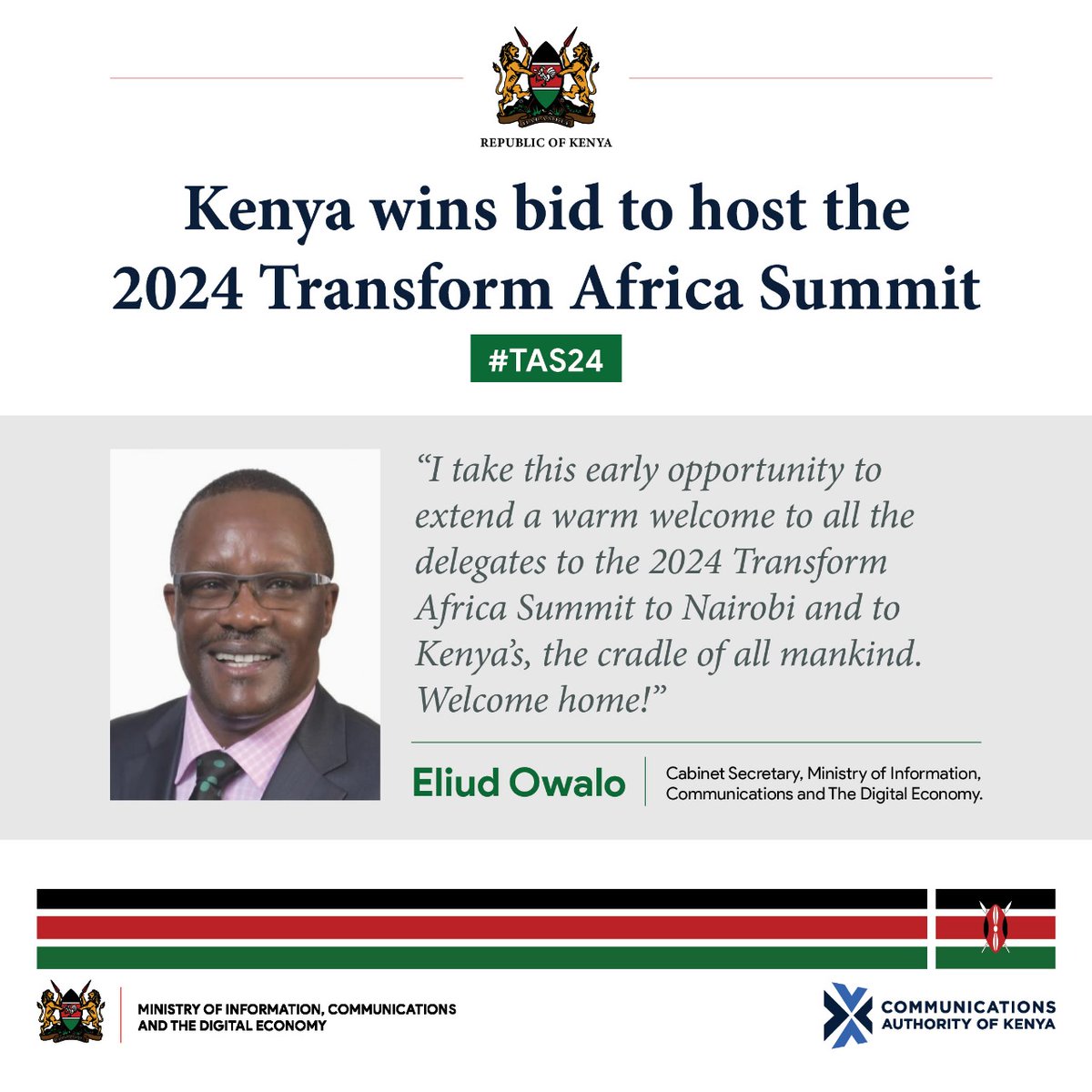 Earlier this year, around February, Kenya successfully secured the bid to host the prestigious 2024 Transform Africa Summit (#TAS24), a momentous achievement for the country. @ICTAuthorityKE @CA_Kenya