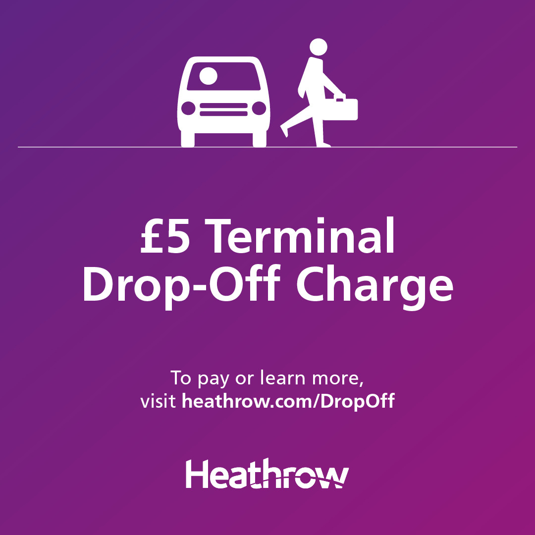 Terminal Drop-Off Charge applies to vehicles dropping off passengers on the terminal forecourts. Use short stay parking for pick up; free pick-up / drop-off remain available in Long Stay parking. Blue badge holders are eligible for a 100% discount. ℹ️ Heathrow.com/DropOff