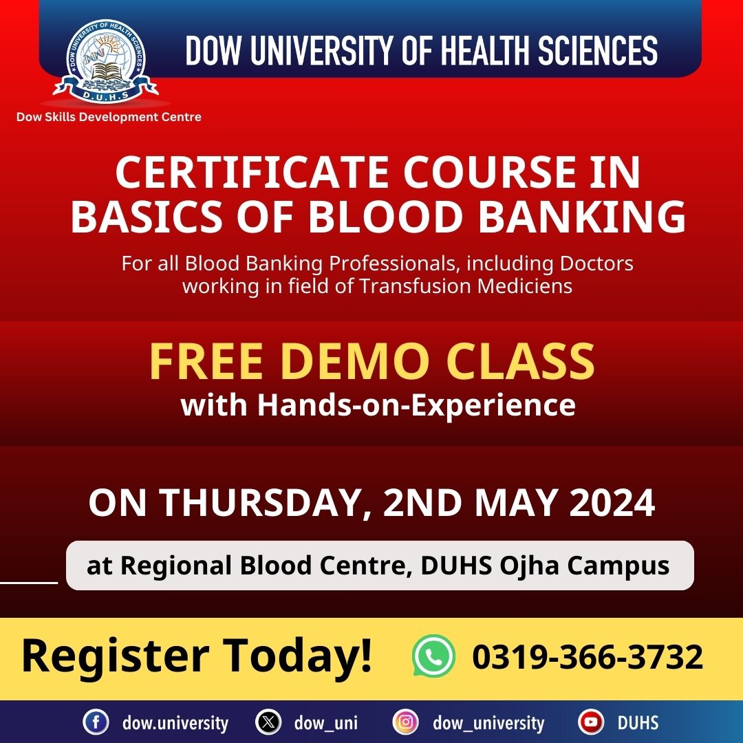 REGISTRATION OPEN FOR FREE DEMO CLASS; Certificate Course in Basics of Blood Banking Date: 2nd May 2024 (THURSDAY), 11 am to 2 pm Location: Regional Blood Centre, DUHS Ojha Campus To register fill out the registration form: bit.ly/DemoclassBasic…