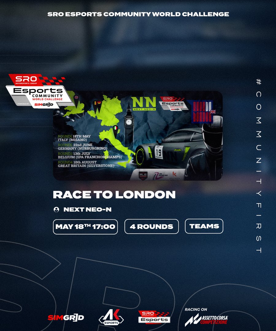 Next Neo-N is launching the Race to London on May 18th, kicking things off at Misano! 🔥 🏎 GT3 💪 45 teams ⚡️ LFM BOP applied 🏁 4 x 90 minute races Take a look at the full championship details... 👇 thesimgrid.com/championships/… #CommunityFirst