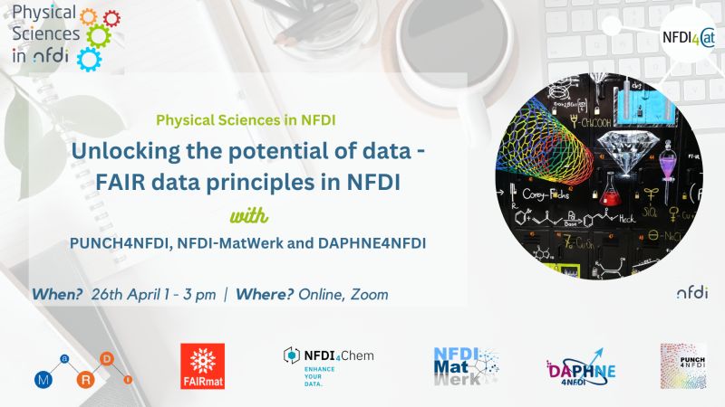 We are pleased to announce another exciting event. As part of 'Physical Sciences in NFDI' we invite you to Unlocking the potential of data - FAIR principles in NFDI on 26.04.2024 from 1 to 3 pm. Zoom Meeting: bit.ly/3xYGOw4 #chemistry #researchdata #rdm #fairdata