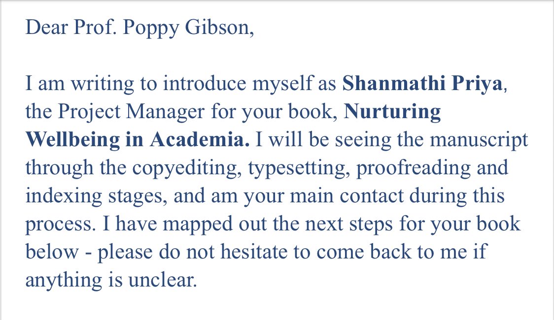 The BEST email - when your finished manuscript gets passed on to Project Manager for production & they send you final timescales !! This book, Nurturing Wellbeing in Academia, feels especially important to me as although I’ve published before, this will be my first solo book ❤️