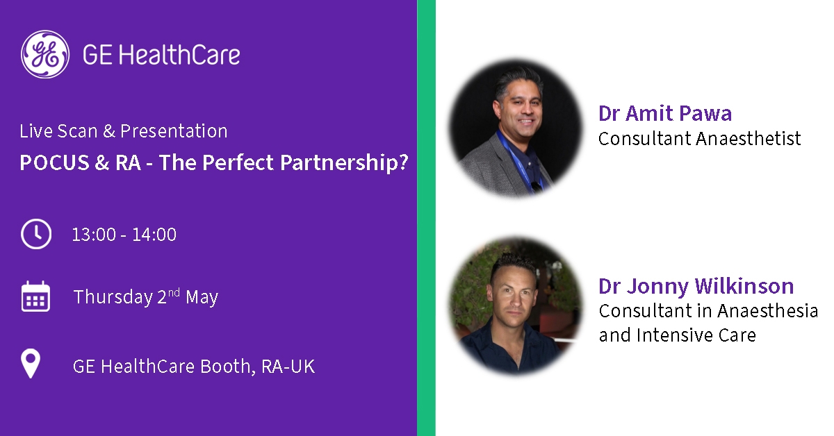 Is Point of Care Ultrasound & Regional Anaesthesia the perfect partnership? 🤔 Join @amit_pawa & @wilkinsonjonny on the #GEHealthCare booth during the lunch break on Day 1 at @RegionalAnaesUK! #POCUS #RegionalAnaesthesia #FOAMED #RAUK24