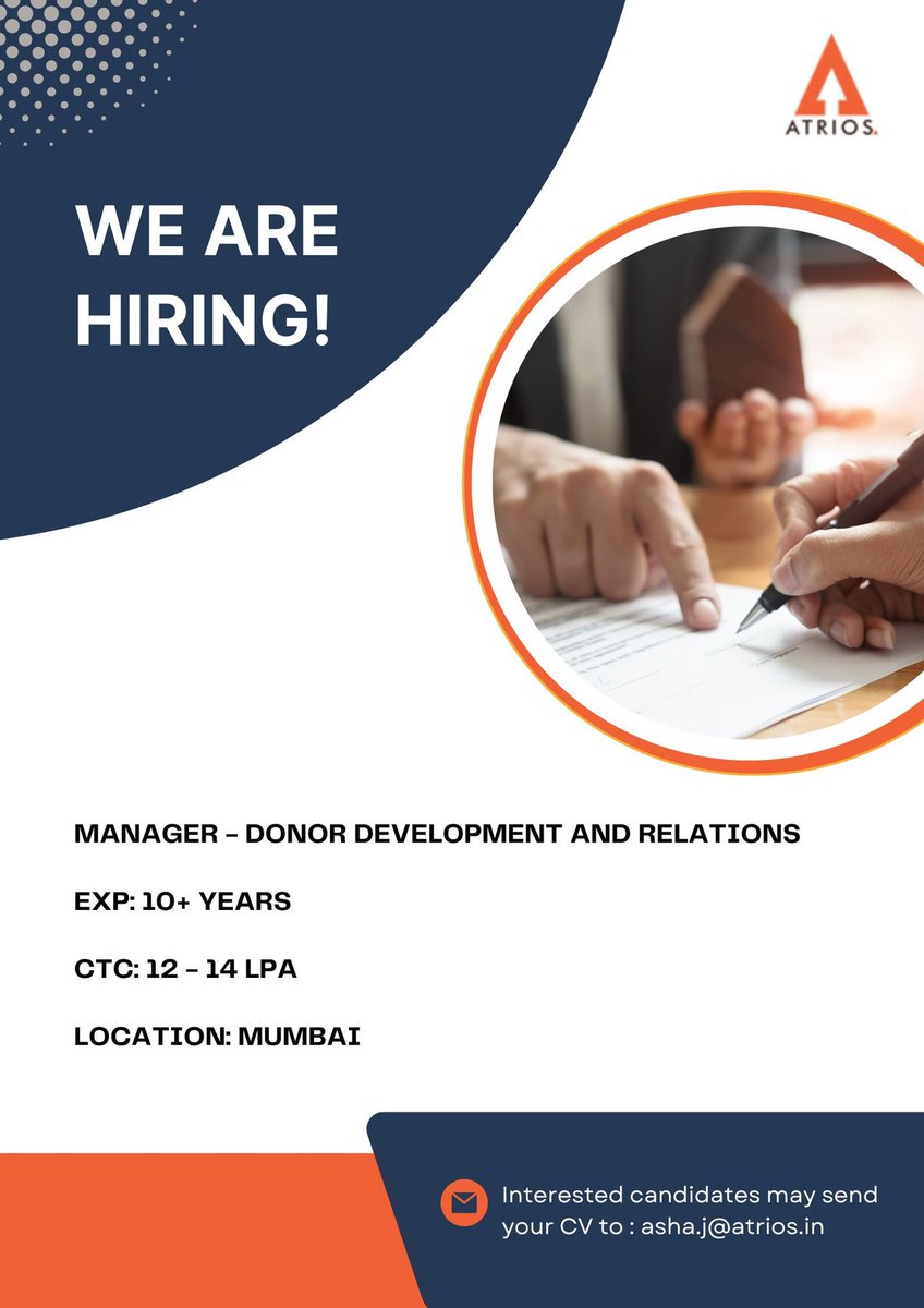 Org: NGO
Manager - Donor Development and Relations
MBA/MBA Finance
10 + years, 12 to 14 LPA
Mumbai
 
Skillset: Build and maintain relationships with existing donors and ensure high quality & timely reporting. New donor outreach.

Email: asha.j@atrios.in

#jobs #ngojobs