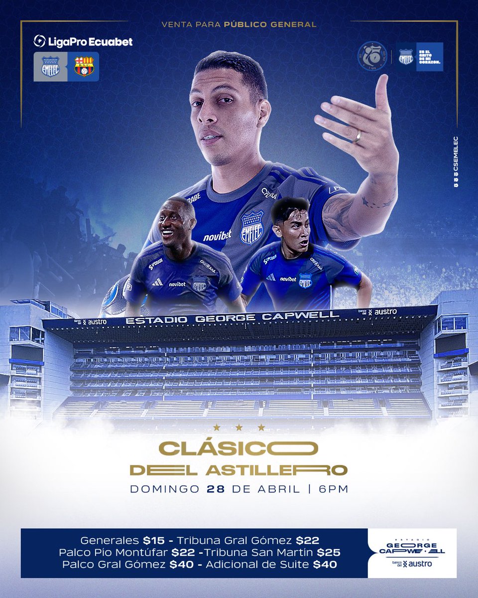 𝗧𝗢𝗗𝗢𝗦 𝗝𝗨𝗡𝗧𝗢𝗦👊🏽
PRÓXIMO PARTIDO 

Preventa exclusiva para socios 🔝

Adquiere tus boletos en :⬇️

🏟 Boleterías del Estadio George Capwell Banco del Austro
💻 app.emelec.com.ec

✅ Socios al día hasta el mes de Abril

#PorEmelec 🤜🏻🤛🏻⚡