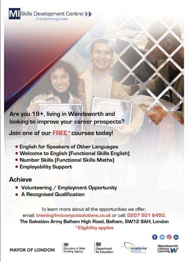 New #adulteducation provision in #Tooting & #Balham through commissioned provider #McomputSolutions. #ESOL #English #Maths & #Employability support provided. Open the door to work, volunteering & qualifications. For further details, including contact – see attached @MI_Skills