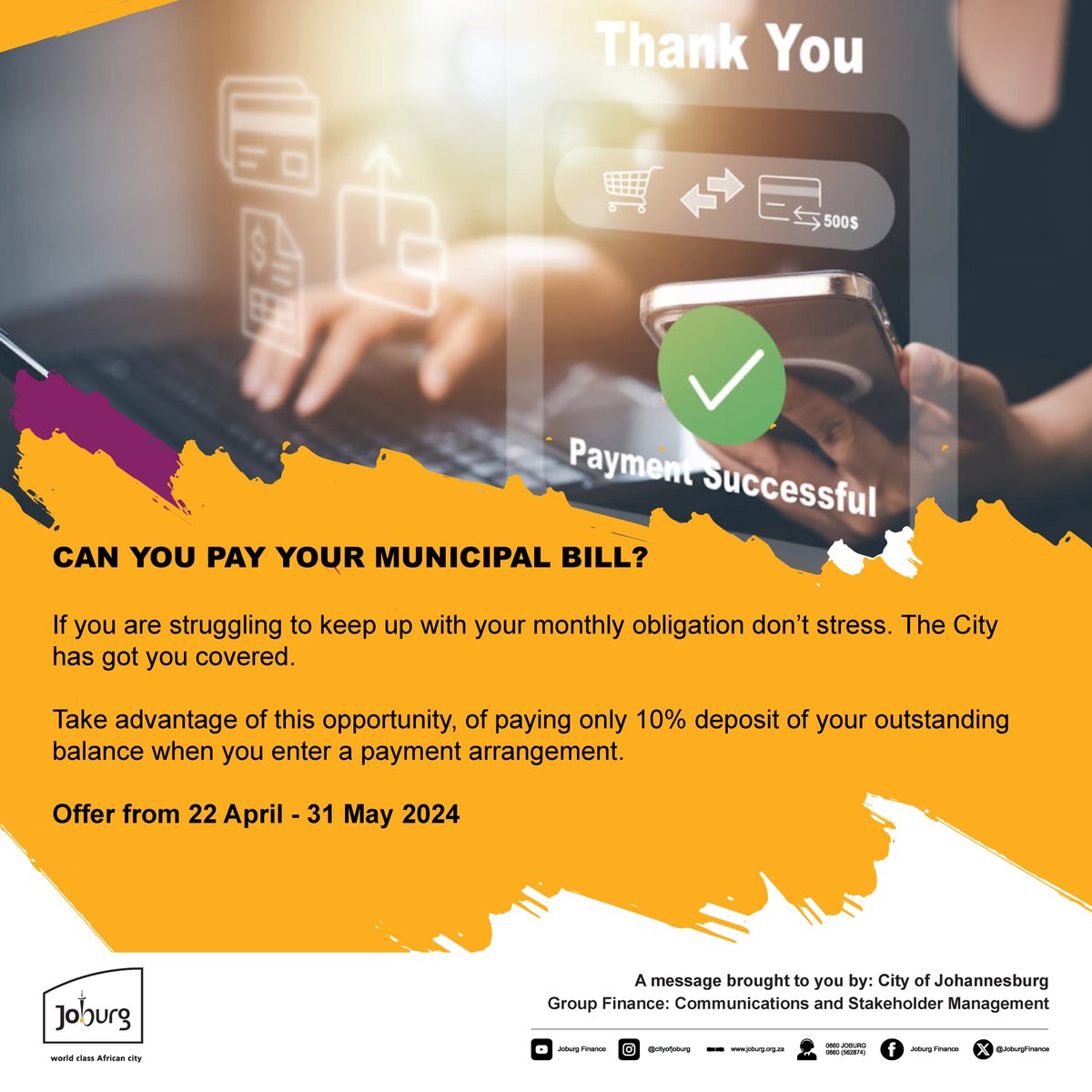 Customers can visit their nearest regional Customer Service Centre to take advantage of this opportunity or may contact the City's Credit Control Department by emailing them on creditcontrol@joburg.org.za #PayYourCoJBill #JoburgCares #JoburgCrControl ^KS