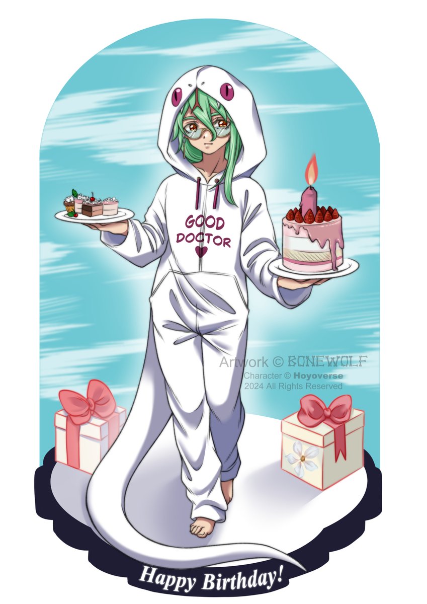 #BaizhuWeek #BaizhuWeek2024 

Day 03 Birthday 

In preparations for tomorrow Baizhu already braught some cake and wears his super cute and fancy Changsheng onsie. <3

#Baizhu #GenshinImapact