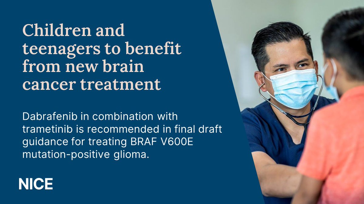 Children and teenagers could benefit after a new targeted combination treatment for a rare, aggressive form of brain cancer was recommended today. Find out more about how dabrafenib with trametinib works: nice.org.uk/News/Article/c… #NICENews