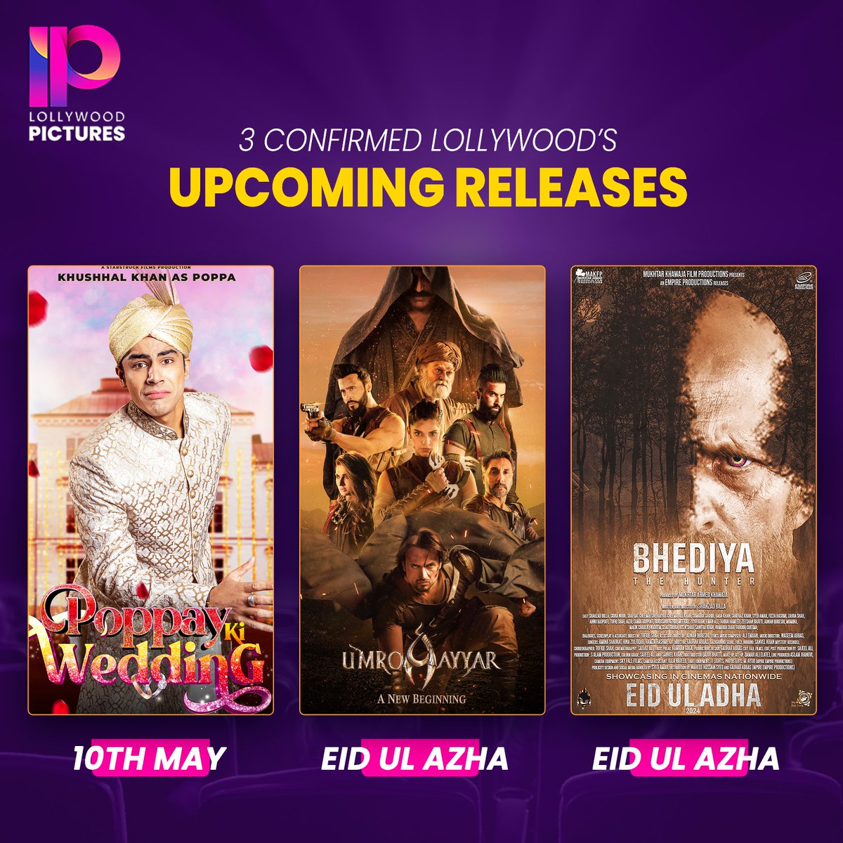 Here are confirmed Lollywood Titles ready to release next in Pakistani Cinemas. #PoppayKiWedding [10th May, 2024] #UmroAyyarANewBeginning [Eid Ul Azha 2024] #BhediyaTheHunter [Eid Ul Azha 2024] Which film are you rooting for? 🌟🙌 #LollywoodPictures #UpcomingMovies