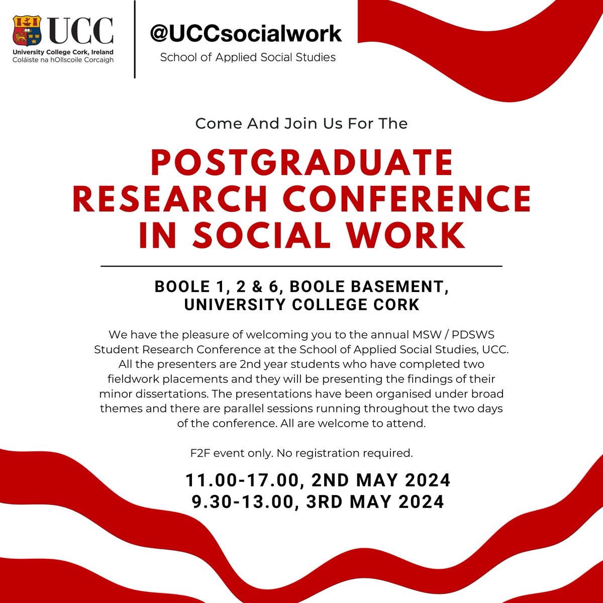 All welcome! #socialwork postgraduate research @IASW_IRL @CACSSSResearch1 @UCCResearch