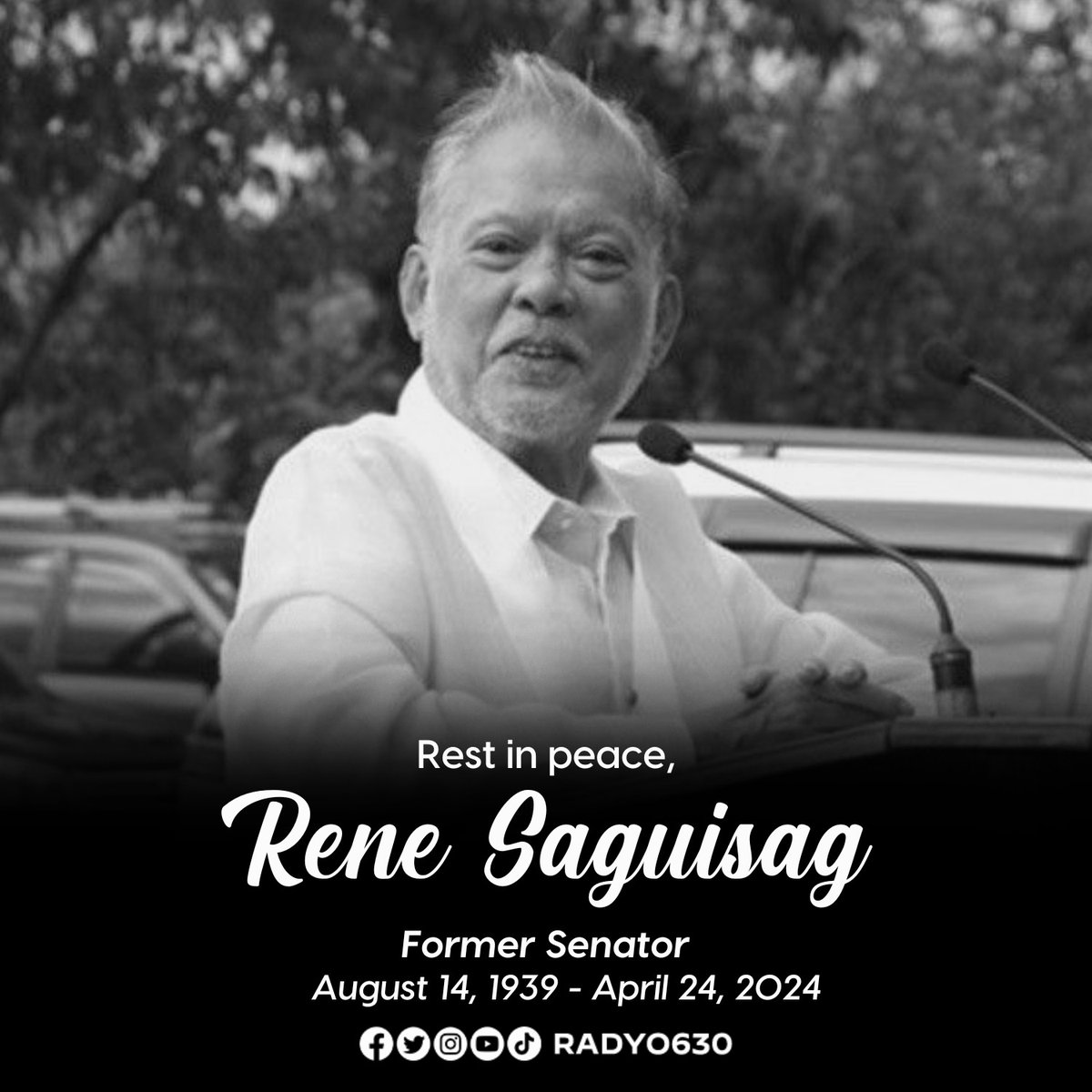 Yumao na sa edad na 84 ang dating Senador na si Rene Saguisag ayon sa anak niyang si Atty. Rebo Saguisag. Isa rin siya sa mga prominenteng abogado na nagbigay ng libreng legal aid sa pamamagitan ng Movement of Attorneys from Brotherhood, Integrity and Nationalism o MABINI.