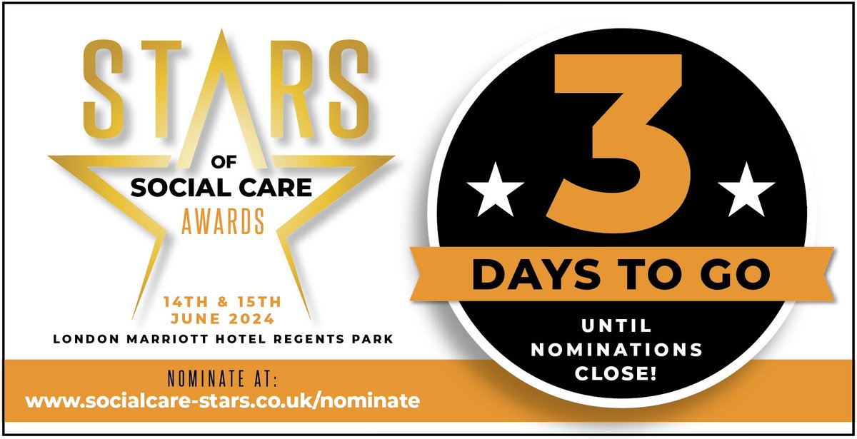 3 DAYS to go before nominations close for 🌟 JOSIE GIBSON’S 🌟 Stars of Social Care Awards! Don’t delay .. get your nominations in at at bit.ly/3iuvXCW A duo of 2 glittering events for the home care & care home sector place 14 & 15 June 2024 #SocialCare…