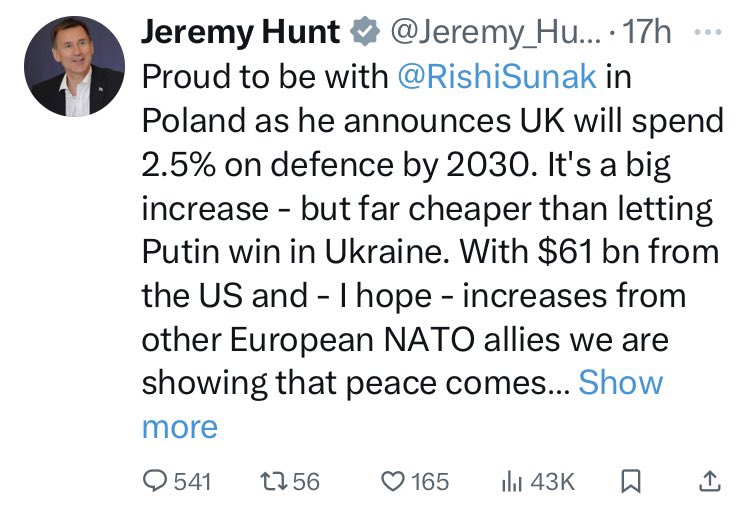 After 30+ years of “peace dividends” and “no votes in defence”, we now have all of HMG promising more defence spending. But it would be so much more reassuring if it wasn’t years into a crisis, 6 months before an election and it came with a realistic funding and spending plan.