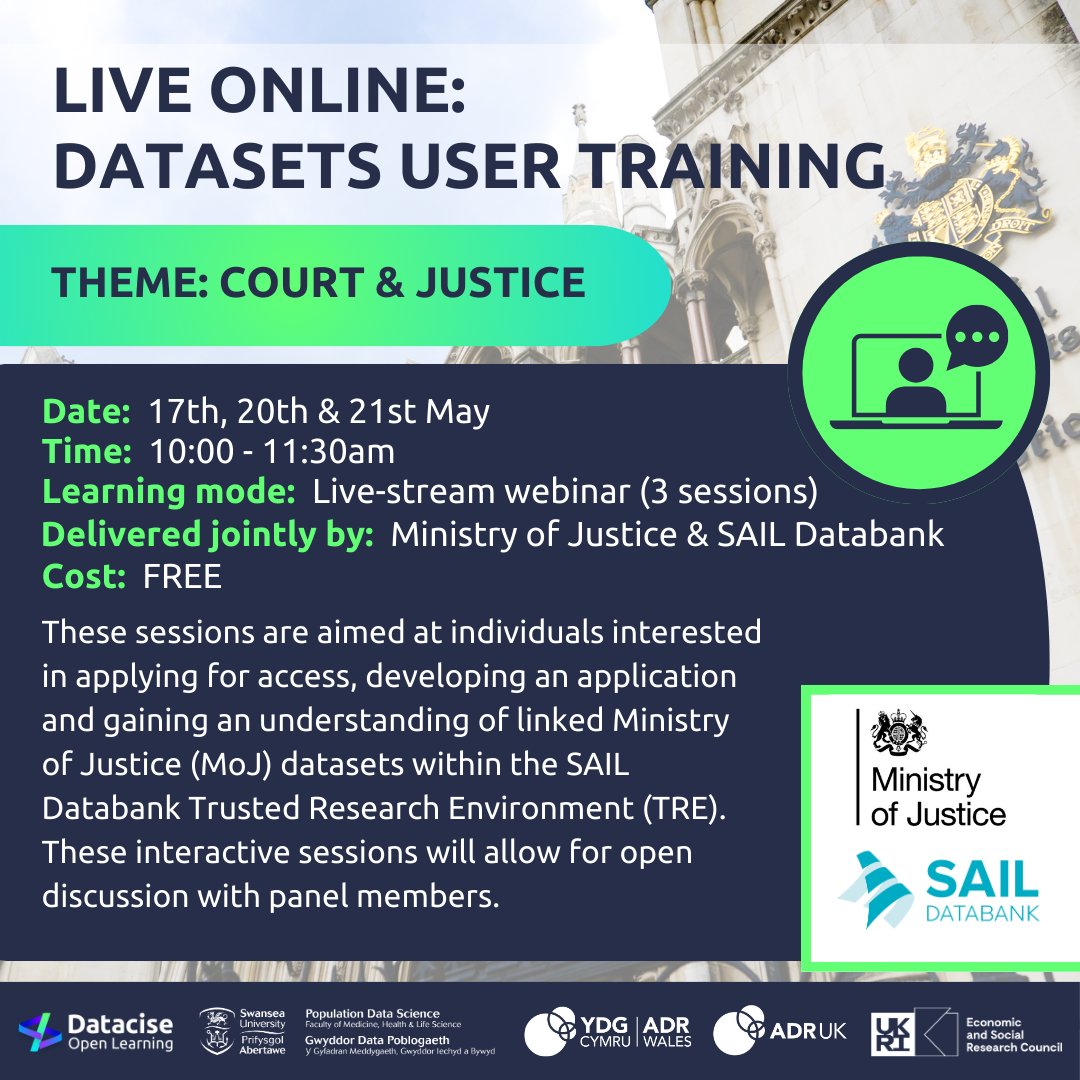 💻REGISTER NOW: Datacise Live Online datasets user training💻 3 webinar sessions using Data First datasets: Family Court, Magistrates, Crown Court, Probation & Custodial. Learn to access & use linked @MoJGovUK (MoJ) datasets within the @SAILDatabank 👇 dataciseopenlearning.org/courtjustice/