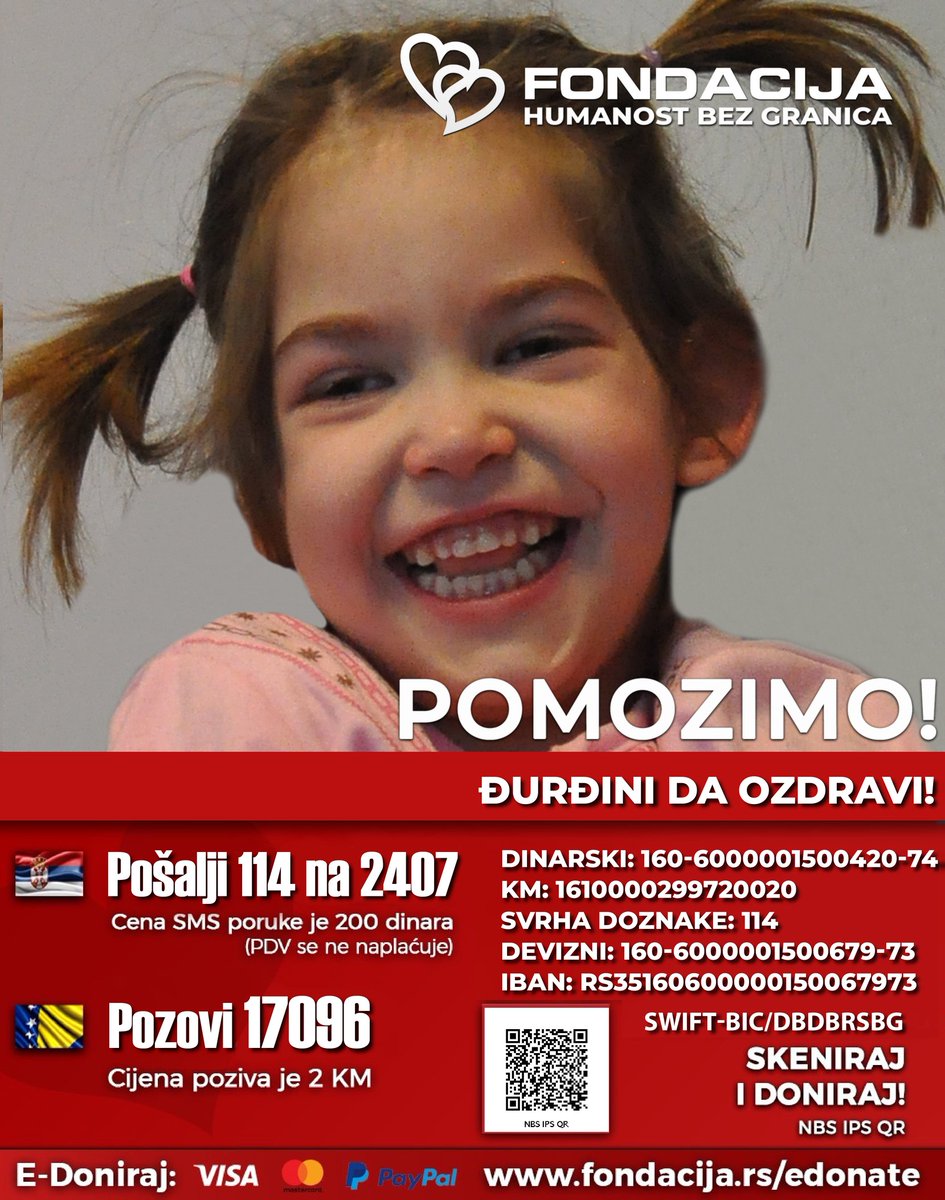 Đurđina je radosno dete i veliki borac. Sa nepunih pet godina i dalje ne sedi samostalno, ne stoji, ne hoda i ne jede samostalno. Pomozimo! 🇷🇸 Pošalji SMS: 114 na 2407 🇧🇦 Pozovi: 17096 Skeniraj QR kod! E-Doniraj - VISA, MasterCard, PayPal: fondacija.rs/sr/korisnik/32…