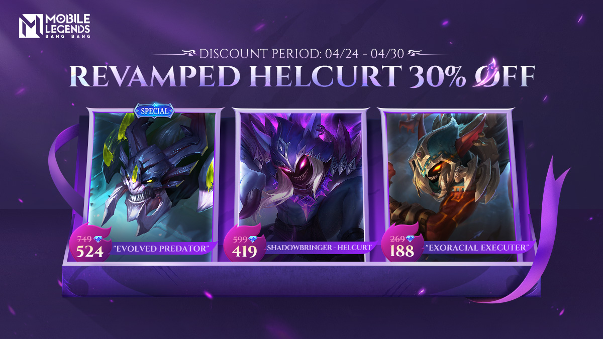 Revamped Helcurt is available. The hero and its skins 'Evolved Predator' and 'Exoracial Executer' are 30% OFF from 04/24 to 04/30!  Helcurt now becomes deadlier in battles with his 3 passive states. Give it a try now!  
#MobileLegendsBangBang