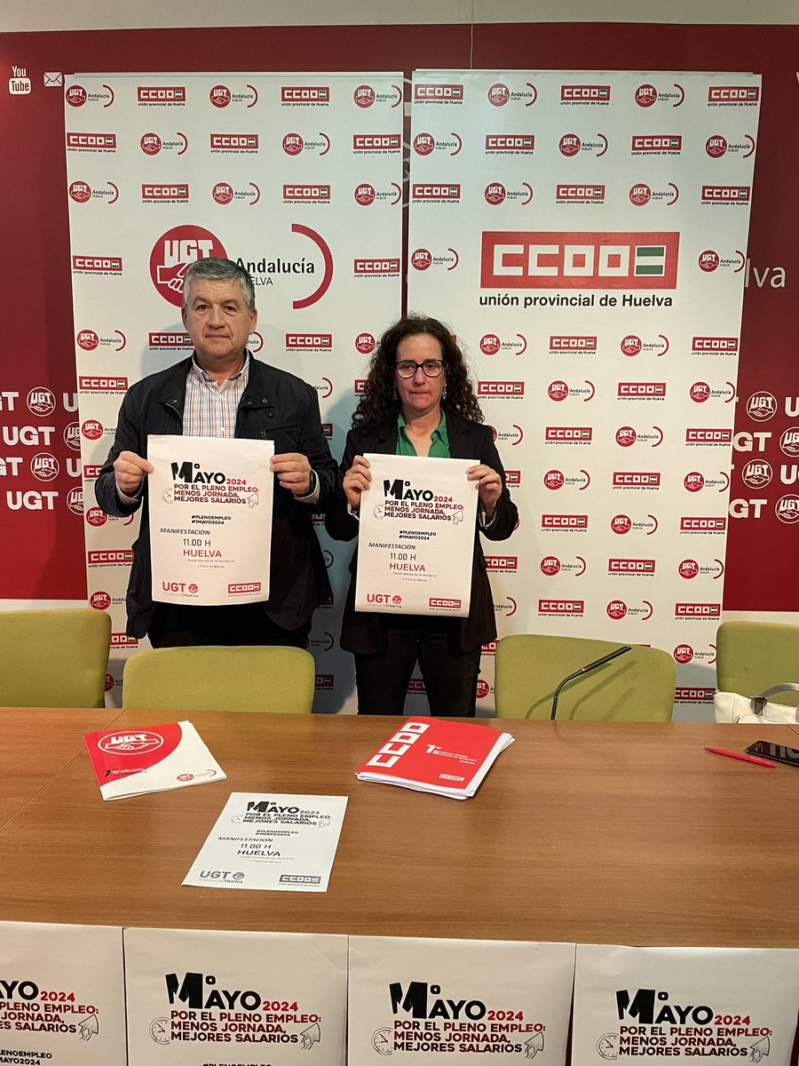 #1deMayo24 | La SG de <a href="/CCOOHu/">CCOO Huelva #EsencialesParaHuelva</a> #JuliaPerea y el SG de <a href="/UGTHuelva/">UGT Huelva</a> <a href="/gutihuelva/">Fco. J. Gutierrez. GUTI</a> han presentado los actos del  día de los trabajad@s 
#PlenoEmpleo #menosjornadas
#mejoresalarios
🔴Los sindicatos llaman a los onubenses a participar en la manifestación 📢
⏰11:00h
📍Rotonda Bomberos