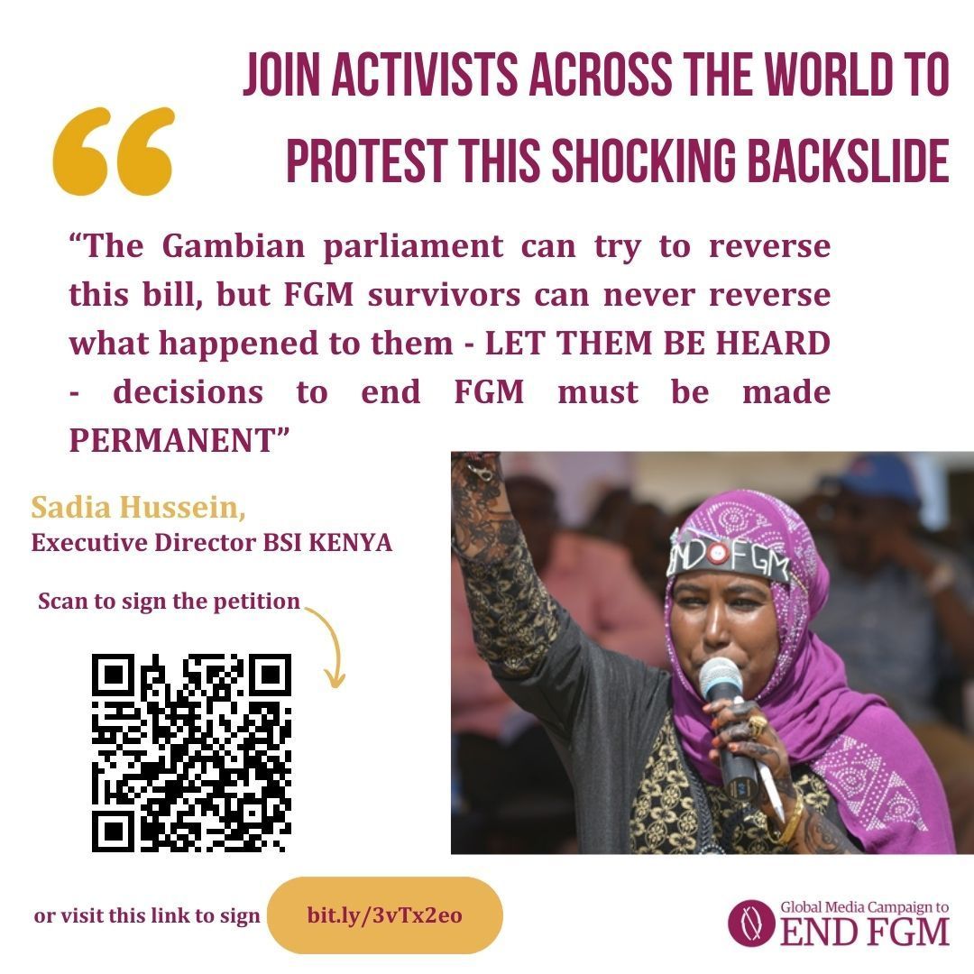 Protect the FGM Ban, Protect the Girls! 

We have less than 90 days to stop politicians from making FGM legal again in the Gambia.
Please sign this petition and share!

#FrontlineEndingFGM

buff.ly/3Ui8Ifg