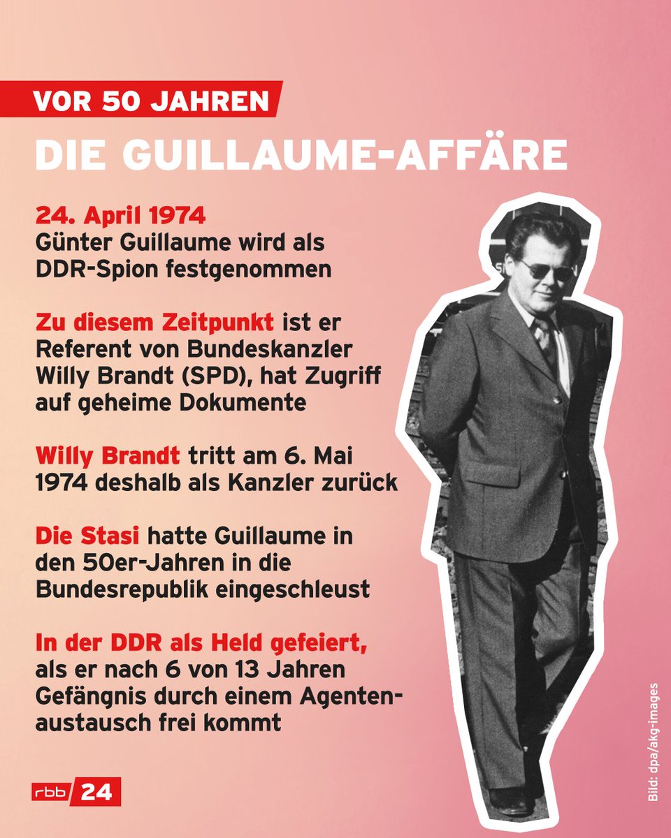 Heute vor 50 Jahren wird Günter #Guillaume festgenommen. Der #Skandal ist perfekt, denn Guillaume ist nicht nur Stasi-Spion, sondern auch Referent des amtierenden Kanzlers, Willy Brandt. Brandt tritt zwei Wochen später von seinem Amt zurück. #Berlin rbburl.de/spionwillybran…