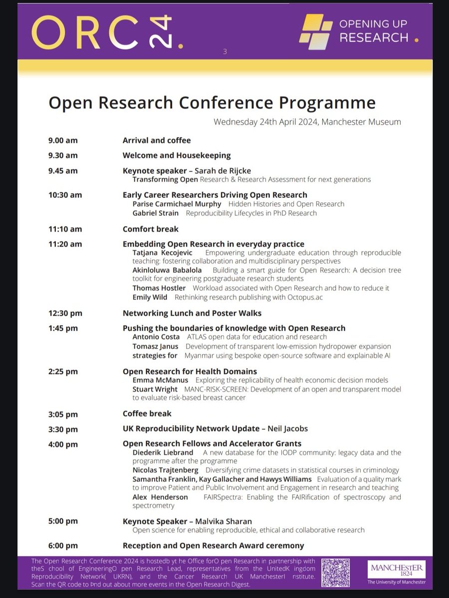 Very excited to be attending and presenting at the University of Manchester's Open Research Conference today. A jam packed programme with lots to learn! #UoMORC24