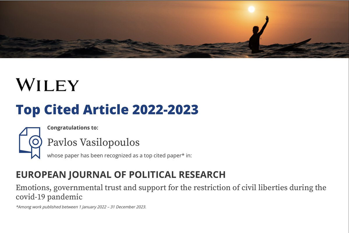Happy to see that our publication on the impact of fear and anger on attitudes toward the restriction of civil liberties during the Covid-19 pandemic has been among the top cited articles at @EJPRjournal Full paper: ejpr.onlinelibrary.wiley.com/doi/full/10.11…