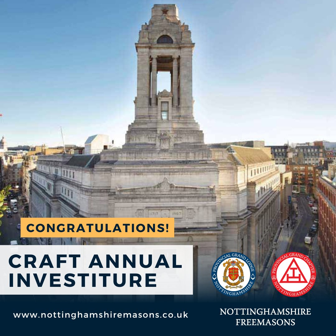 Congratulations to all those Nottinghamshire Freemasons who will be appointed or promoted today to Craft Grand Rank at Freemasons' Hall during the craft Annual Investiture. Well done to all members who have been appointed or promoted! #Freemasons #Craft #Brothers #Promotions