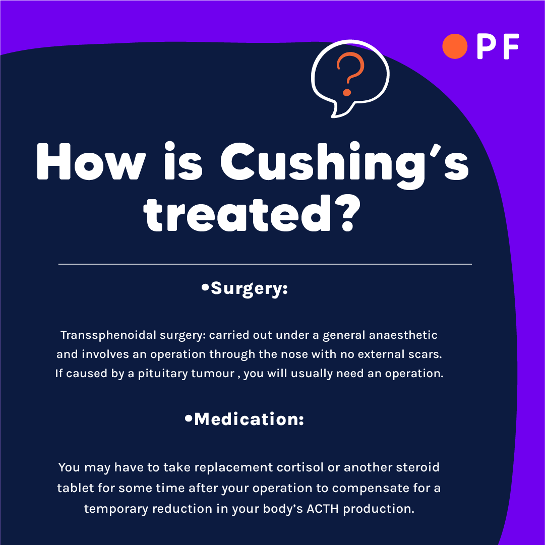 How is Cushing’s treated? ❓️ Treatment can be done through transsphenoidal surgery and through medication. Did you know about this? Do you have any experience? 💭 Comment below and share to contribute in spreading awareness 💕