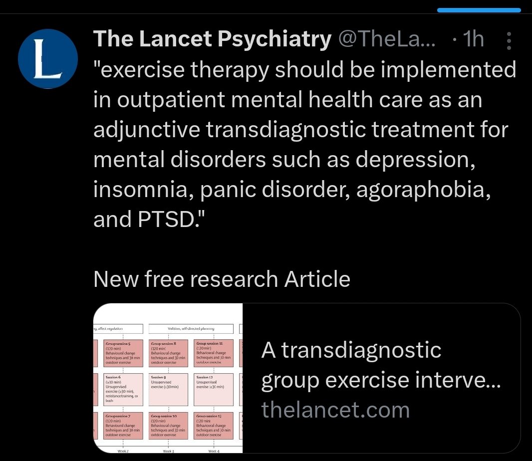 lasitajs_nr1's tweet image. Fiziskajiem vingrinājumiem vajadzētu būt iekļautiem mentālo veselības traucējumu - depresijas, ārstēšanas, panikas lēkmju - ārstēšanā.
Labs pētījums par Vācijas pieredzi no Lancet Psychiatry.