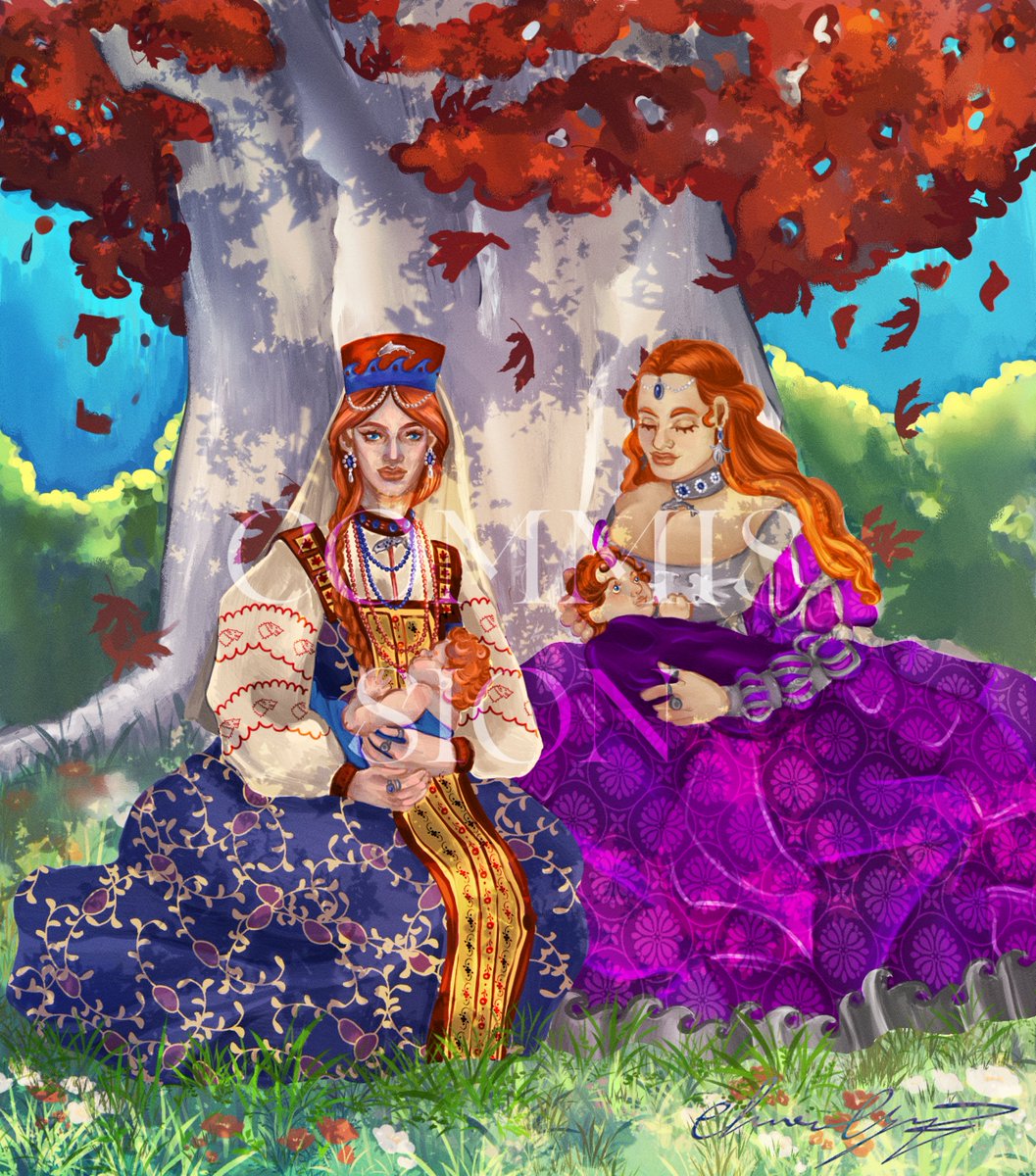Catelyn Stark and her sister Celia Mallister with Robert and Aemerie
commissionated by @weirwooddream for her fic, The Ichor within our Pyre on Ao3
#catelynstark #celiamallister #celiatully #oc #housetully #riverlands #commission #robbstark #asoiaf #fanfic #fanart #illustration
