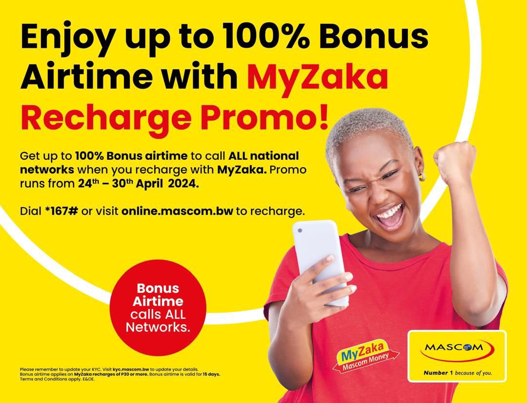 Make every call count with this month’s #MyZaka Recharge Promo. 
Recharge now via *167# or online.mascom.bw and receive up to 100% bonus airtime to call ALL local networks! 
Promo valid until 30th April 2024.

#Number1BecauseOfYou