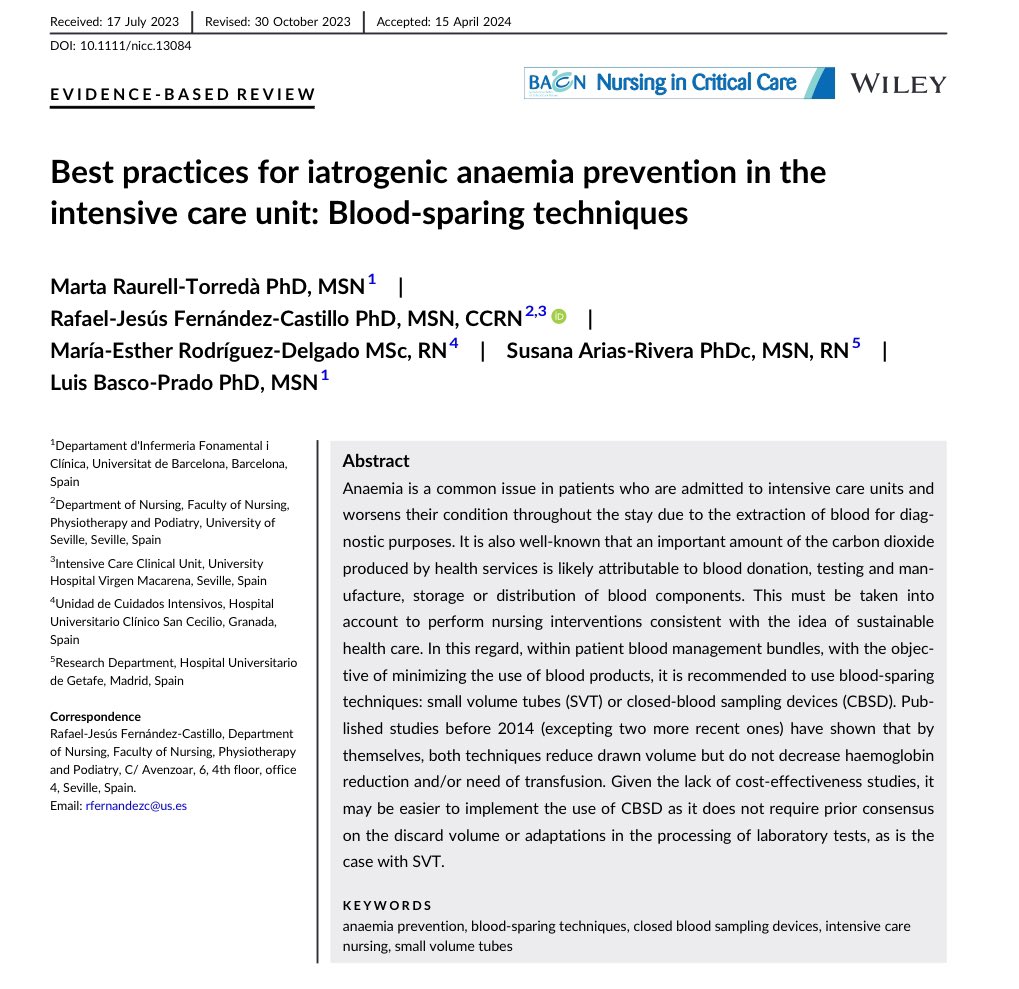 ¿Cuáles son las mejores intervenciones #enfermeras basadas en la #evidencia para el manejo de la #anemia del paciente de #UCI? 

Nueva publicación en la @niccjournal de la mano de mis compañeros @ariasrivera_ @RaurellMarta @luisbasco_ 

#OpenAccess 🔗 doi.org/10.1111/nicc.1…