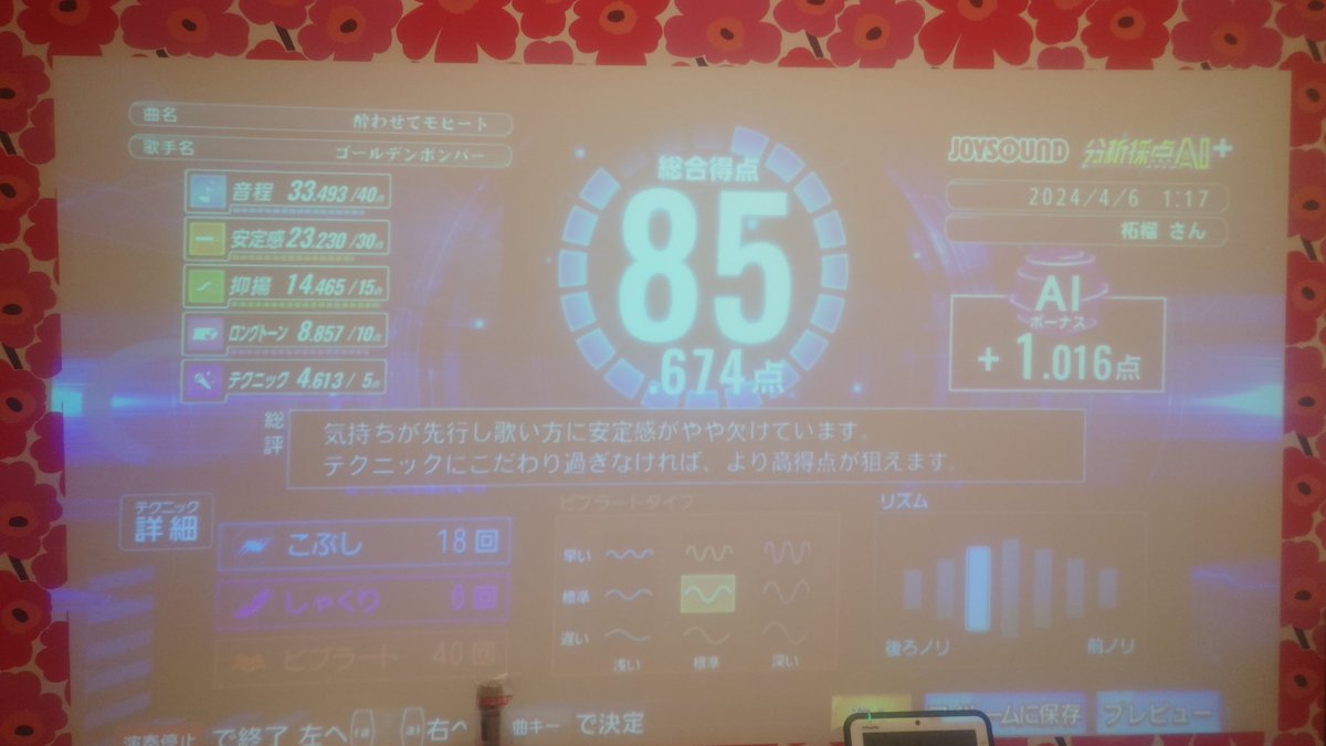 各それぞれのマシン で歌った結果
※体調が急変してダウンしてた為に遅くなった(汗)

先ずは『JOYSOUND X1』から。

一曲だけ点が落ちてショック受けたわ…。

#柘榴マクセルのカラオケ暴れ録